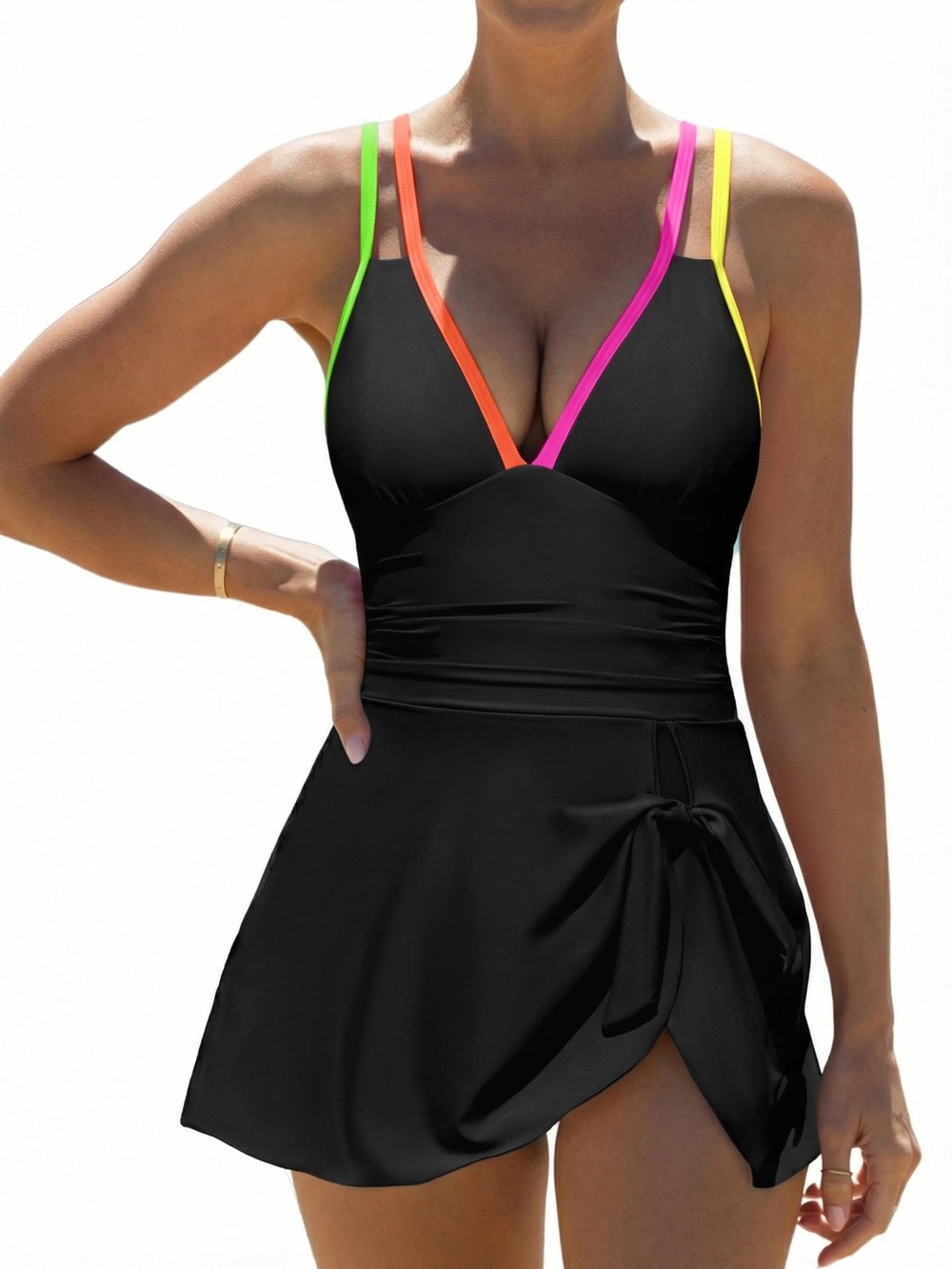 Popvil One Piece Swim Dress Swimsuit Women’s Size M Black Neon Trim